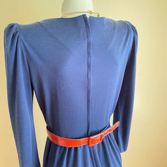 Vintage Medium Navy Blue 80s Long Sleeve Dress with Rad Belt Faux Red Snakeskin - Picture 5 of 8